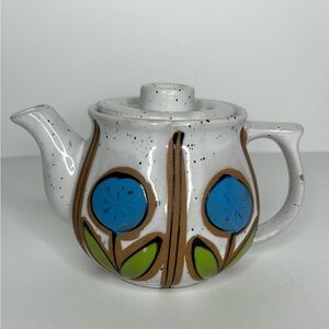 Retro vintage MCM tea pot Brutalist glazed Teapot Floral Teal White